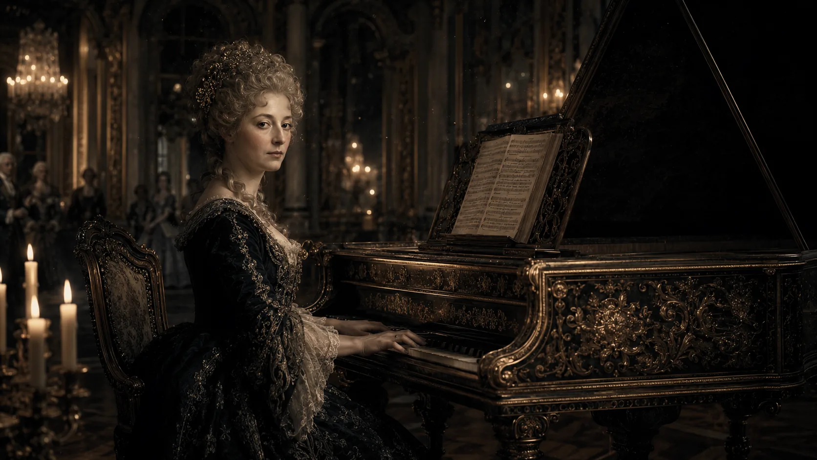 A historical woman composer at an ornate harpsichord