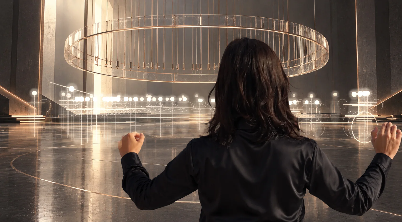 Romina Romay facing an imagined orchestra of light